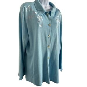 Philippe Marques Light Blue Knit Button Front Top Floral Appliqué Women Size 16